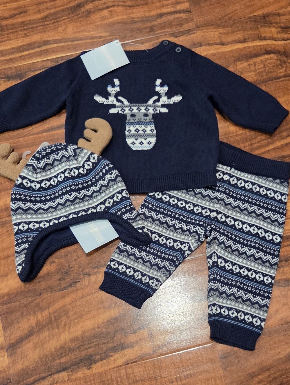 Gymboree NWT 0-3 Months Navy/Ivory Reindeer Sweater and Hat Set